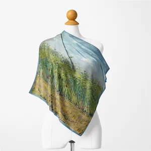 Van Gogh wheatfield oil painting style silk scarf with elegant blue border for women