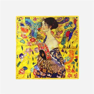 Gustav Klimt Lady with Fan silk square scarf with vibrant yellow floral patterns