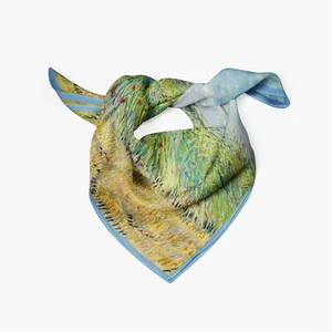 Square silk scarf featuring Van Gogh style oil painting pattern on a white background