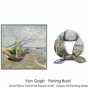 Van Gogh Fishing Boats art print silk scarf square in blue grey for versatile styling