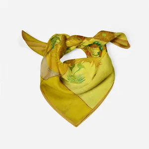 Artistic Van Gogh Sunflower painting print yellow silk scarf for women in a stylish knot