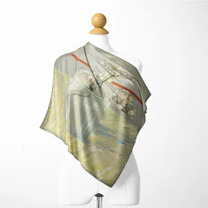 Detail of artistic floral silk scarf with Impressionist oil painting on a white mannequin