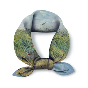 Van Gogh Wheatfield with Lark art print silk square scarf tied in a stylish bow knot