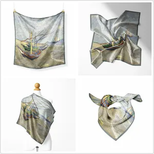 Artistic Van Gogh oil painting silk scarf with fishing boats on a white background