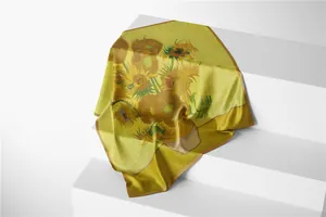 Artistic Vincent van Gogh Sunflowers print silk scarf displayed on a white podium