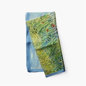 Detailed view of Van Gogh style oil painting print on silk scarf with navy blue edges
