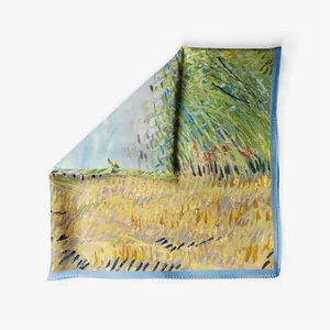 Detail view of silk pocket square featuring Van Gogh Wheatfield with Lark painting print