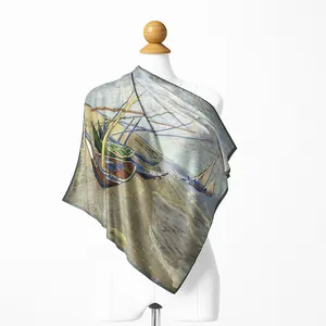 Van Gogh oil painting fishing boats print square silk scarf on a white mannequin