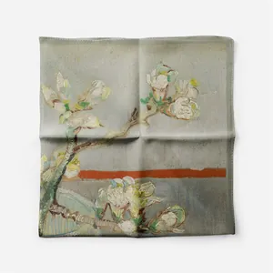 Detail of square silk scarf featuring Van Gogh oil painting floral patterns and fine edges