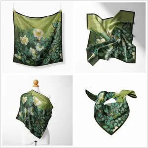 Detailed texture of Van Gogh style green wild rose oil painting print on silk square scarf