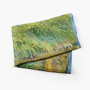 Silk scarf with Van Gogh Wheatfield with a Lark painting and light blue edges