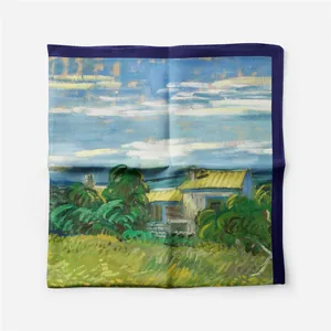 Detailtextuur van Van Gogh-stijl zijden sjaal met een artistiek natuurlandschap erop