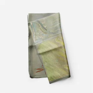 Close-up of Vincent Van Gogh floral silk scarf with fine rolled edges and artist signature