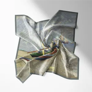 Detail of Van Gogh oil painting silk scarf with artistic fishing boat pattern print