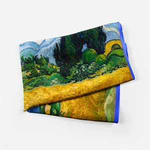 Macro-opname van Van Gogh-olieverfschilderij print op zijden satijnen vierkante sjaal