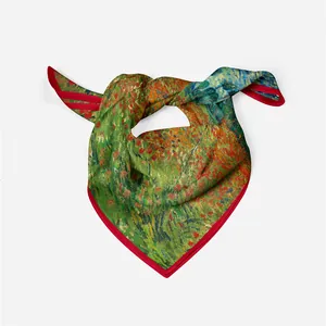 Zijden sjaal in Van Gogh-stijl met rode tuinbloemenprint en contrastrand