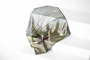 Detailed view of Van Gogh oil painting silk scarf with nautical theme on geometric stand