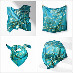Artistic Van Gogh Almond Blossom turquoise silk square scarf shown in four styling views