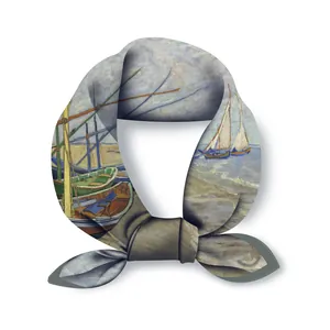 Artistic silk scarf featuring Van Gogh fishing boats oil painting print in blue tones