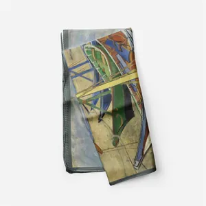 Macro shot of Van Gogh oil painting silk scarf featuring vibrant boat patterns and hemmed edges