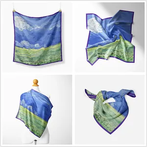 Van Gogh oil painting style silk square scarf with blue sky and wheat field art print