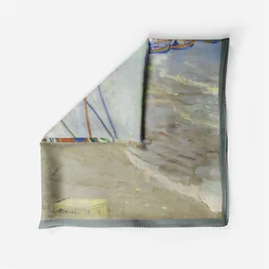 Detail of Van Gogh oil painting silk scarf showing fishing boats on the beach