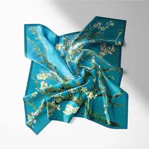 Artistic Van Gogh Almond Blossom twill silk scarf for women in bright turquoise green