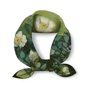 Van Gogh wild rose silk square scarf in dark green oil painting style for women