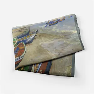 Close-up of Van Gogh oil painting silk scarf with beach fishing boats and fine rolled hem