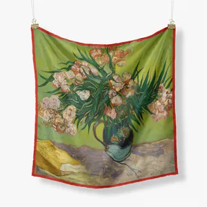 Zijden sjaal Van Gogh Oleanders kunstprint met handgerolde rode randen en olieverfpatroon