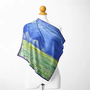 Van Gogh oil painting style silk square scarf featuring dark blue sky and green fields