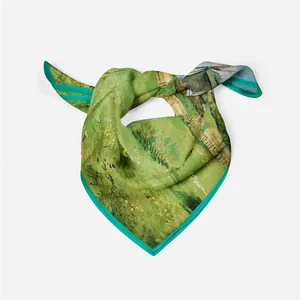 Zijden sjaal in Van Gogh-stijl met windmolenlandschap en groene kleurtinten