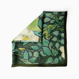 Detail of van Gogh style oil painting print on silk scarf with green wild roses