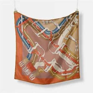 Elegant equestrian horse bridle pattern square silk scarf in orange and beige tones