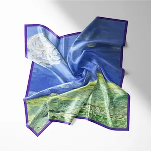 Macro detail of silk square scarf featuring Van Gogh oil painting and purple hem edges