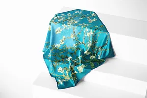 Detailed close-up of Van Gogh Almond Blossom print on a silk-like square scarf