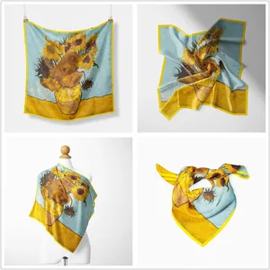 Detail of Van Gogh sunflower twill silk scarf showing draping and styling options