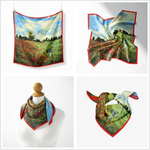53cm square silk scarf with Monet poppy field oil painting print and red border