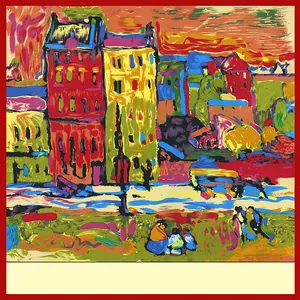 Carré de Soie Satin Vintage Imprimé Art Van Gogh Motif Maison Rouge Foulard de Cou Soyeux Sergé pour Femme Écharpe de Mode Artistique
