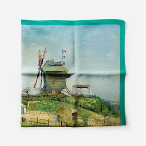 Artistieke vierkante sjaal met olieverfschilderij print en groene randen decor
