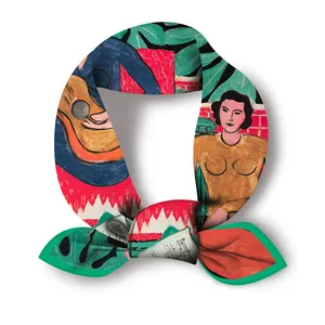 Artistic Matisse-style square silk scarf with floral musical oil painting print in green