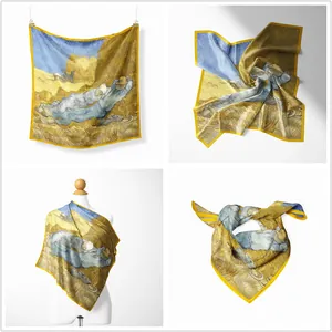 Artistic Van Gogh Siesta painting print square silk scarf with vibrant yellow border