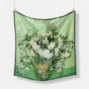 Van Gogh Witte Rozen zijden sjaal met olieverfprint in muntgroen, vierkante omslag