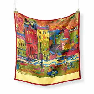 Détail du foulard en soie style Van Gogh avec motif peinture à l'huile et bordure rouge fine