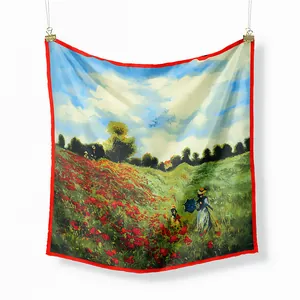Monet Poppy Field oil painting print silk scarf with red border hanging on white background