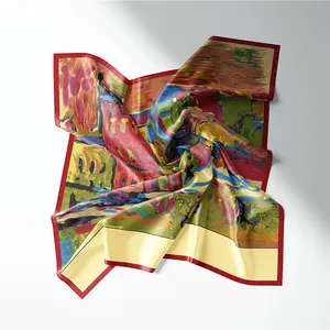 Détail du foulard en soie avec imprimé peinture à l'huile style Van Gogh maison rouge