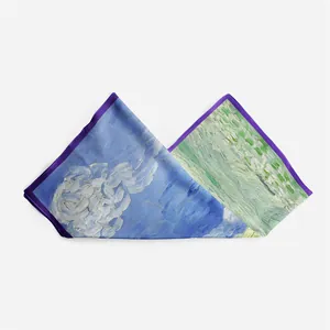 Detailed close-up of Van Gogh oil painting style silk scarf with vibrant blue and green tones