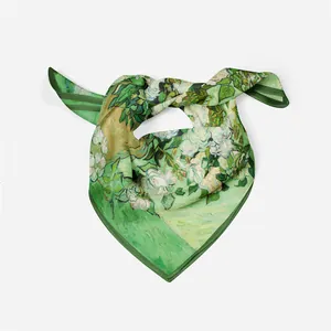 Van Gogh stijl zijden vierkante sjaal met groene witte rozen olieverfschilderij