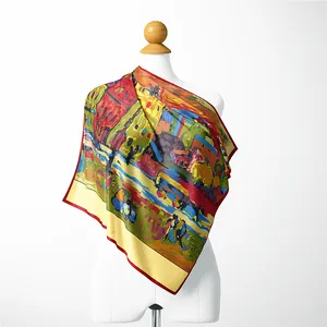 Carré de soie pour femme avec imprimé peinture Van Gogh et bordure rouge élégante