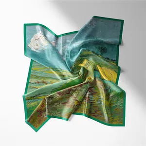 Foulard quadrato in seta da donna con stampa pittura a olio Van Gogh Campo di grano